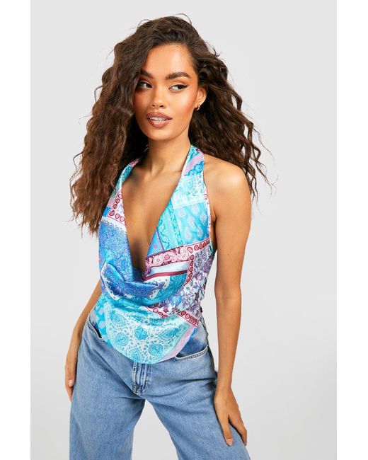 Boohoo Blue Cowl Neck Halter Paisley Print Cropped Top