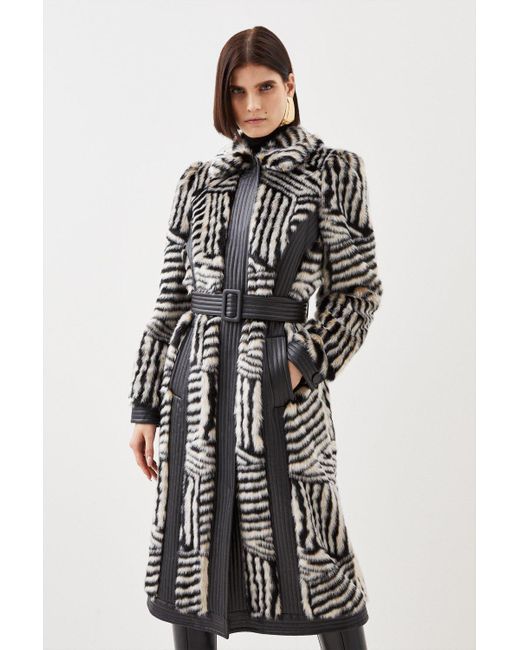 Karen Millen Multicolor Faux Fur Pu Panelled Stripe Belted Coat