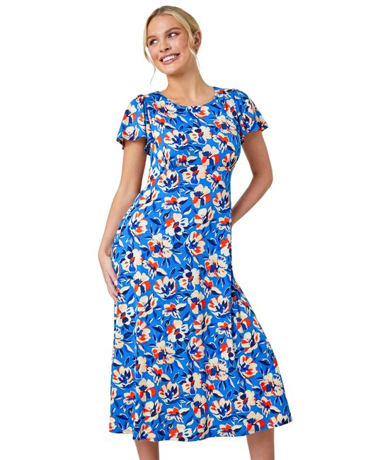 Roman Blue Petite Floral Print Midi Stretch Dress