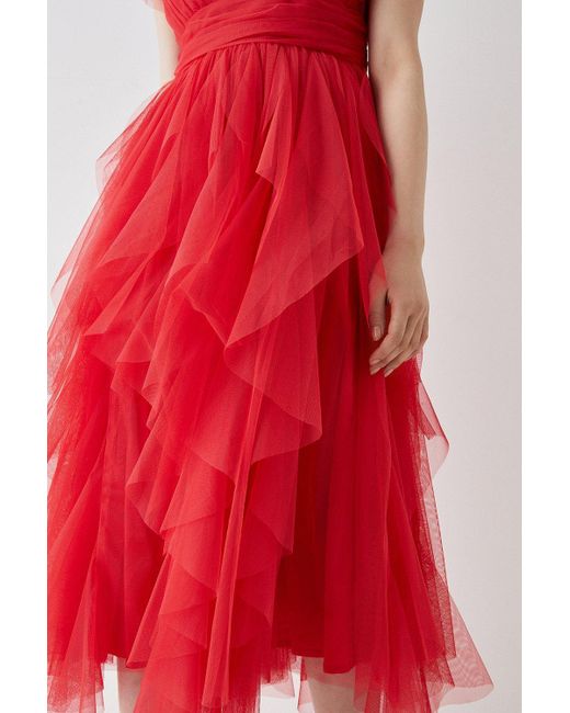Coast Red Ruffled Skirt Mesh Midi Dress