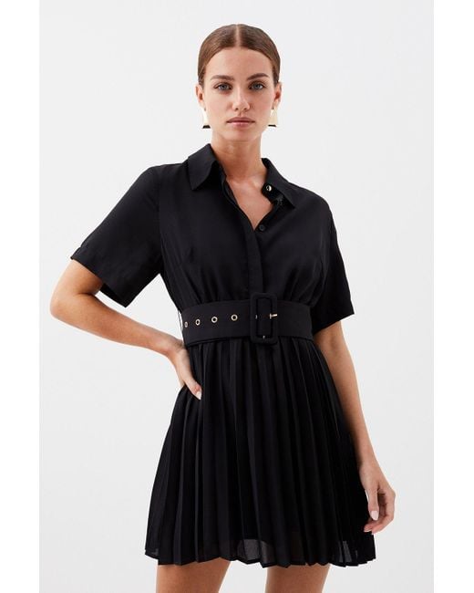 Karen Millen Black Petite Georgette Pleated Mini Shirt Dress