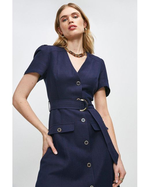 Karen Millen Blue Linen Blend Multi Stitch Belted Midi Dress