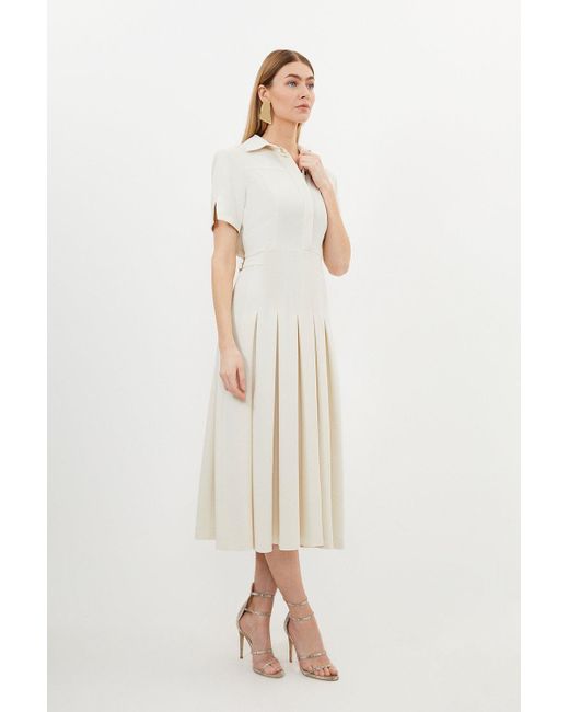 Karen Millen Natural Petite Tailored Crepe Short Sleeve Pleated Midi Dress