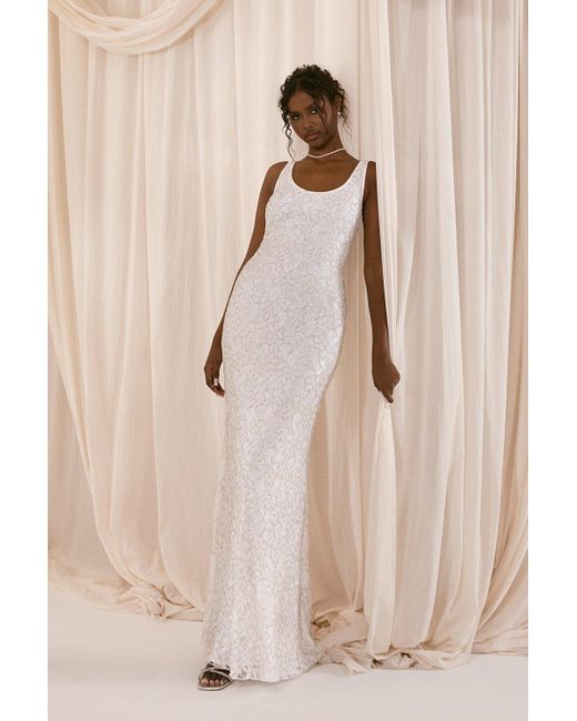 Coast White Embellished Lace Column Maxi Wedding Dress