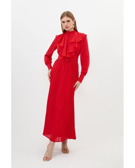Karen Millen Red Georgette Ruffle Long Sleeve Woven Midi Dress