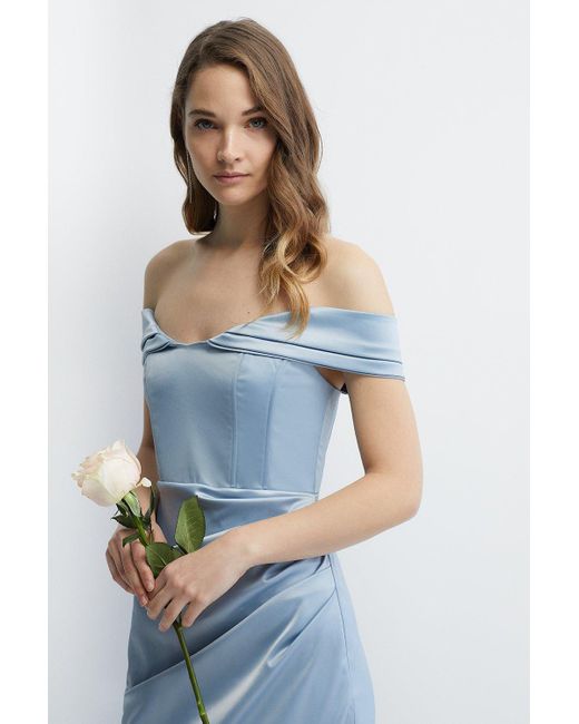 Coast Blue Structured Satin Bardot Wrap Bridesmaids Maxi Dress