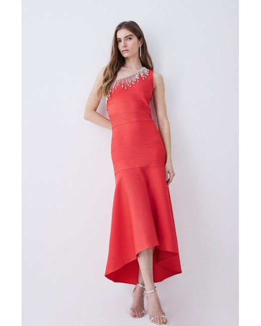 Karen Millen Red Bandage Diamante Trim One Shoulder High Low Midi Dress