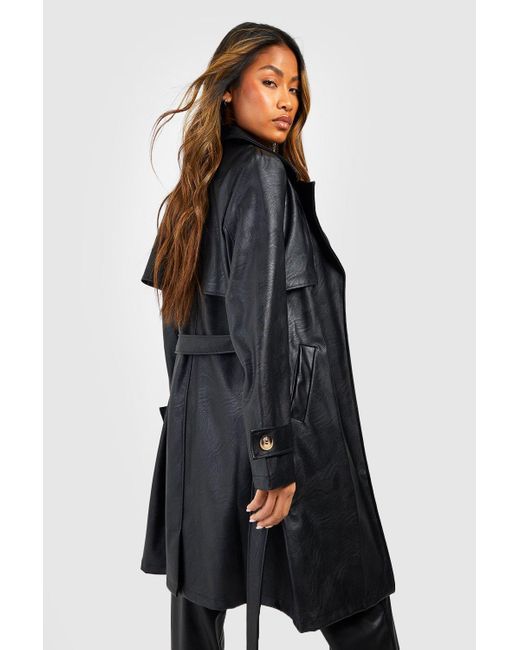 Boohoo Black Belted Short Faux Leather Trench Coat