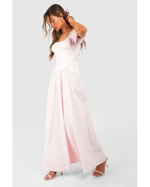 Boohoo Pink Puff Sleeve Milkmaid Maxi Dress