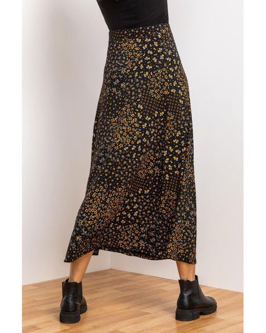 Roman Black Patchwork Floral Jersey Midi Skirt