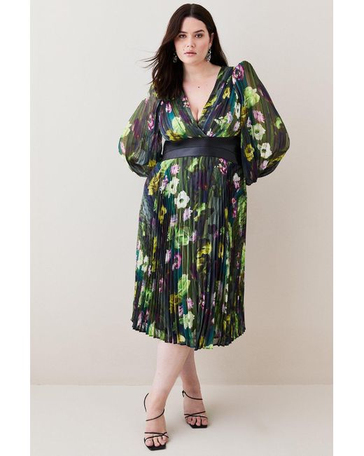 Karen Millen Green Plus Size Floral Pleated Pu Woven Maxi Dress