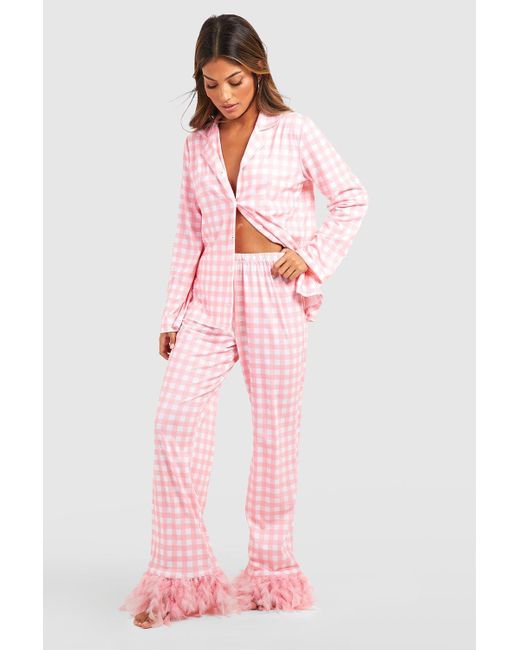 Boohoo Pink Gingham Feather Hem Pajama Set