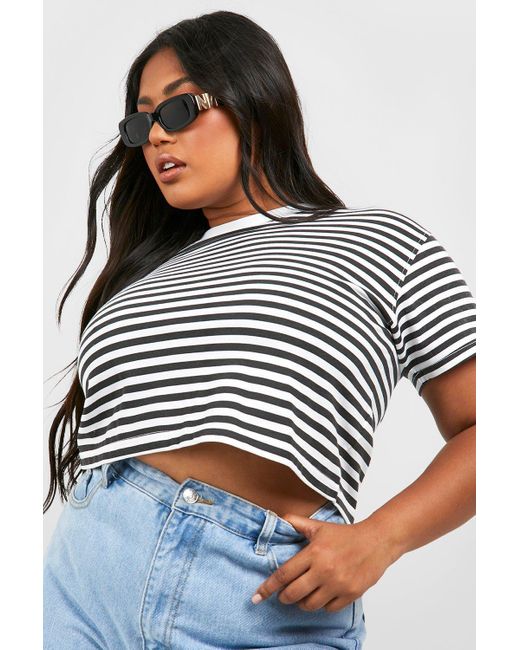 Boohoo Black Plus Boxy Stripe Cropped T-shirt