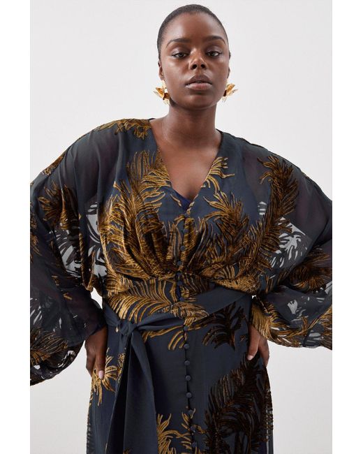 Karen Millen Black Plus Size Feather Devore Woven Kimono Maxi Dress