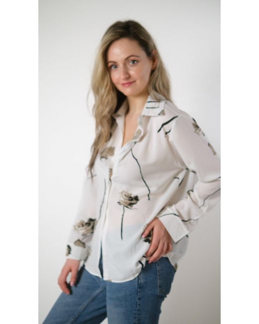 The Colourful Aura Gray White Chiffon Long Sleeve Floral Printed Loose Shirt