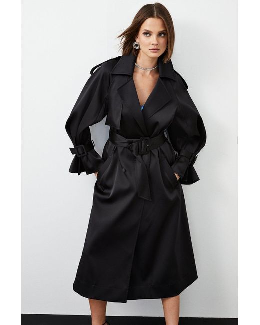 Karen Millen Black Premium Satin Belted Trench Coat
