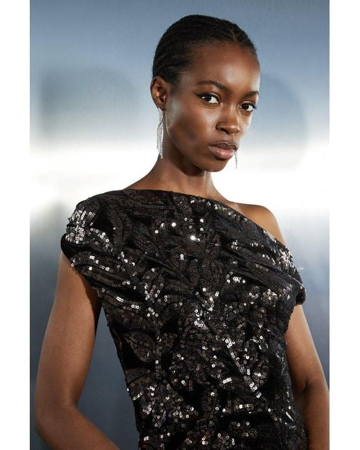 Karen Millen Black Velvet Sequin Woven One Shoulder Maxi Dress