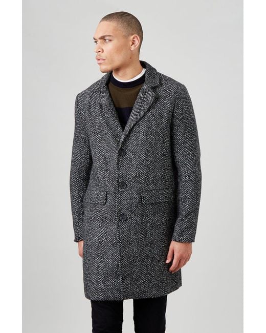 Burton Black Herringbone Faux Wool Overcoat for men