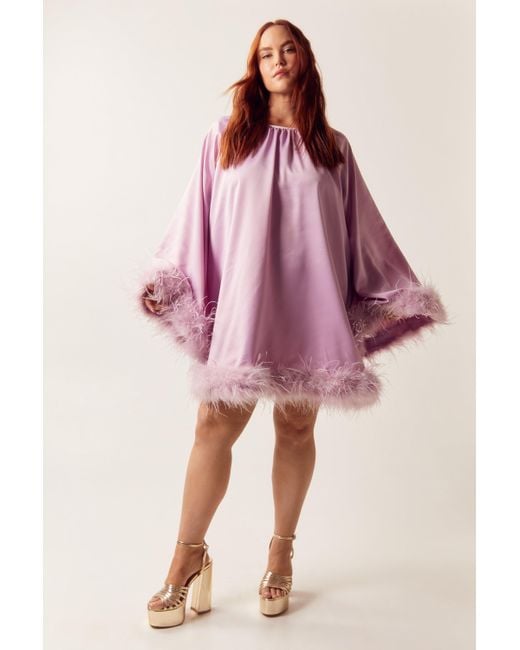 Nasty Gal Pink Plus Size Feather Trim Satin Swing Dress