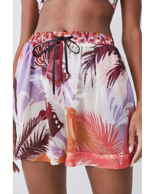 Karen Millen Red Tropical Ikat Printed Woven Beach Shorts