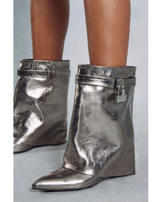 MissPap Gray Metallic Fold Over Padlock Knee High Boots