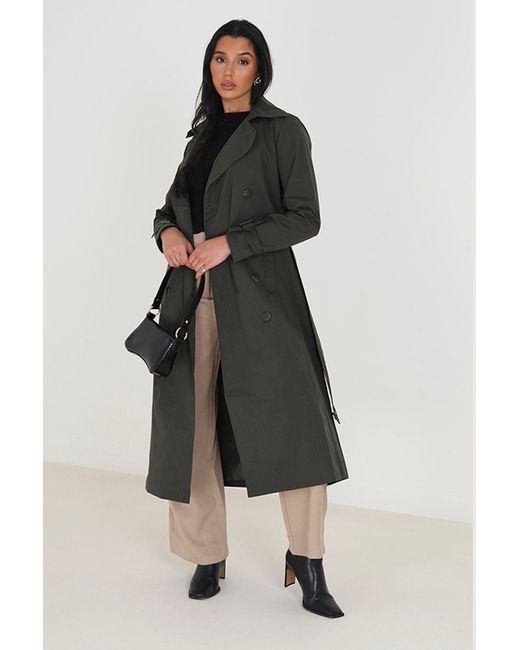 Brave Soul Green Double-breasted Longline Trench Coat