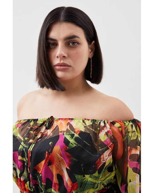 Karen Millen Multicolor Plus Size Floral Palm Bardot Belted Woven Beach Maxi Dress