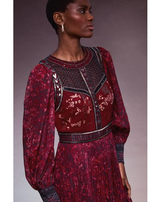 Karen Millen Purple Bead & Embroidery Pleat Drama Sleeve Dress