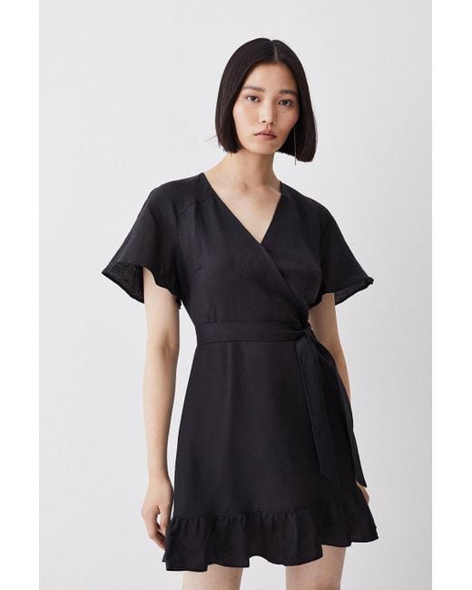 Karen Millen Black Linen Angel Sleeve Wrap Front Dress