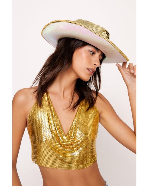 Nasty Gal Yellow Mirror Embellished Disco Ball Cowboy Hat