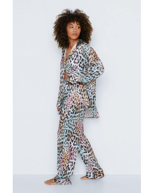 Nasty Gal Blue Recycled Satin Ombre Leopard Print Oversized Pj Pants Set
