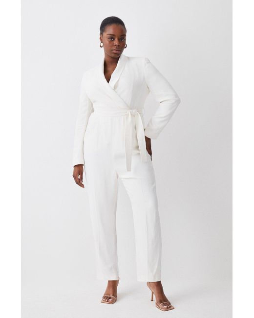 Karen Millen White Plus Size Tuxedo Wrap Belted Jumpsuit