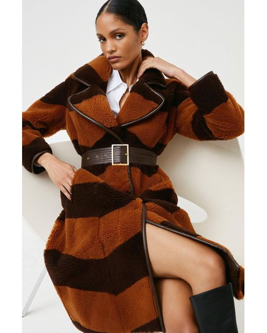 Karen Millen Brown Shearling Zigzag And Leather Coat