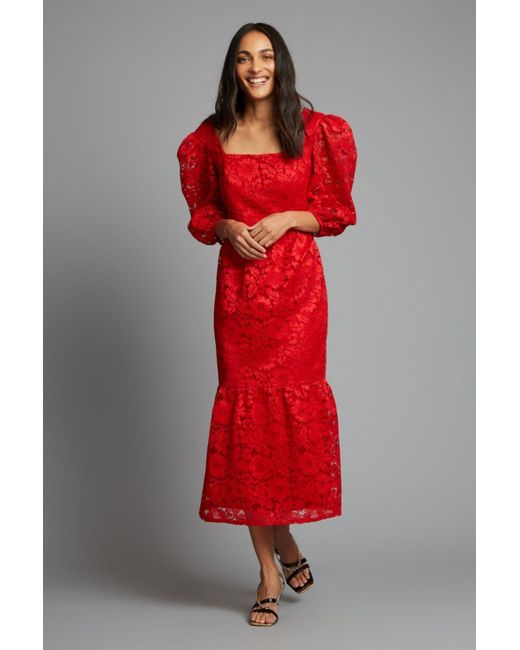 Dorothy Perkins Red Lace Square Neck Midi Dress