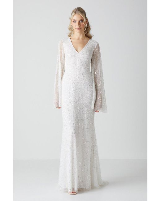 Coast White V Neck All Over Embellished Flare Sleeve Wedding Dress