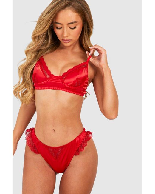 Boohoo Red Lace Trim Balcony Bra And Thong Set