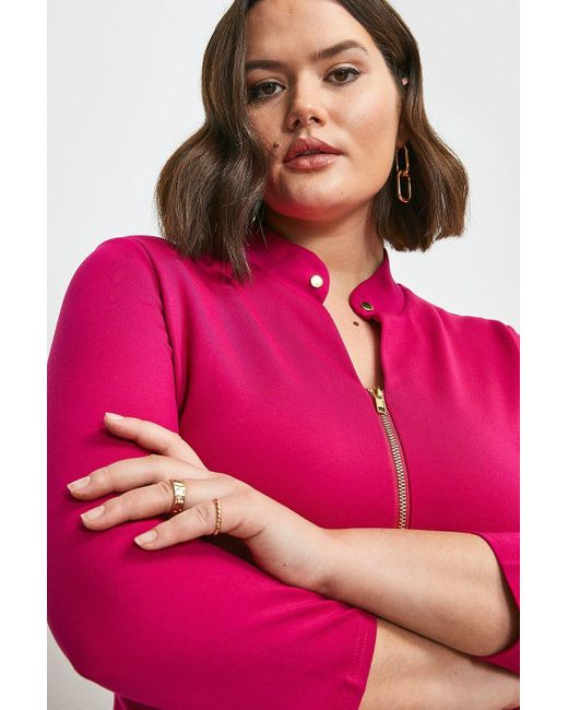 Karen Millen Pink Plus Size Studded Collar Ponte Zip Front Top