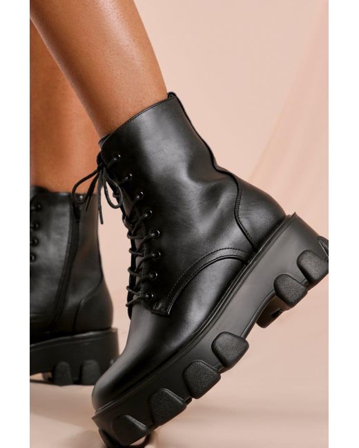 MissPap Black Chunky Cleated Lace Up Ankle Boot