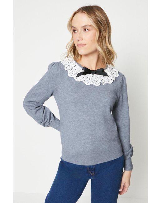 Oasis Gray Frill Collar Bow Detail Jumper