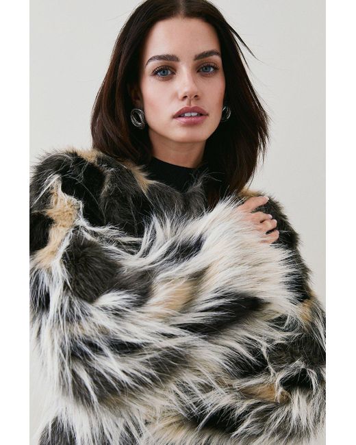 Karen Millen Black Petite Jacquard Faux Fur Pu Belted Coat
