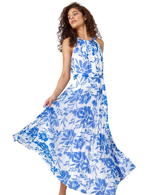 Roman Blue Floral Chiffon Halter Neck Maxi Dress