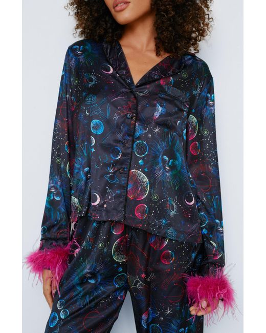 Nasty Gal Blue Astrology Satin Feather Pajama Pants Set