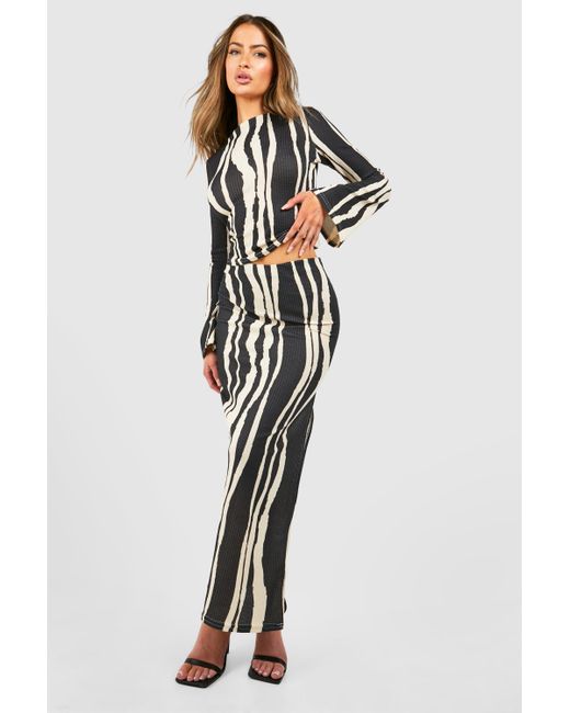 Boohoo Black Textured Zebra Print Maxi Skirt