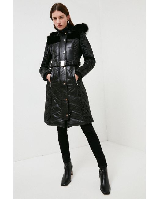 Karen Millen Black Leather Padded Fur Trim Parker Coat