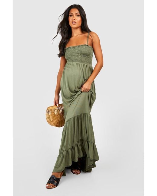 Boohoo Green Maternity Shirred Strappy Tiered Maxi Dress
