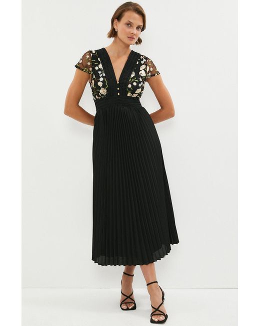 Coast Black (me) Embroidered Mesh Midi Dress With Pleat Skirt