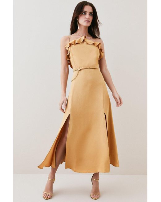 Karen Millen Natural Petite Utility Viscose Twill Halter Strappy Midi Dress