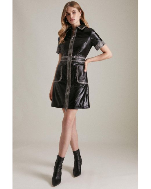 Karen Millen Black Leather & Snake Tipped Zip A Line Mini Dress