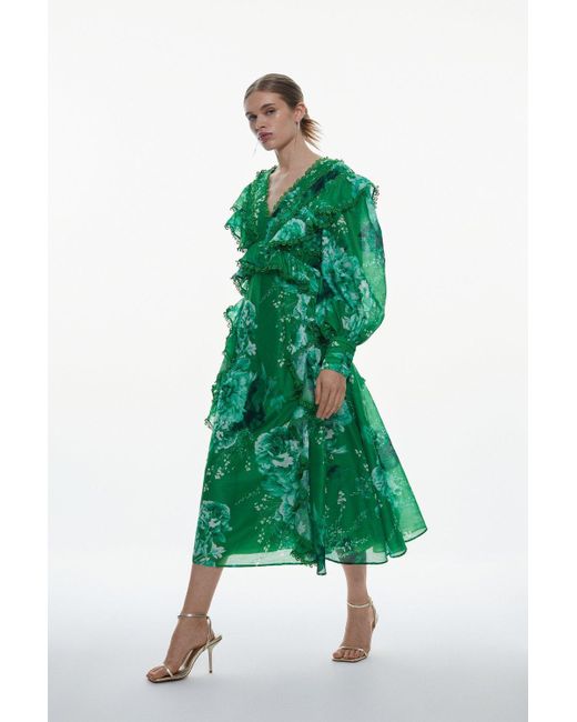 Karen Millen Green Graphic Lace Trim Floral Woven Plunge Maxi Dress