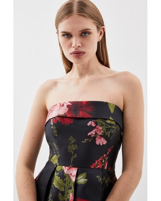 Karen Millen White Jacquard Twill Floral Printed Bandeau Split Maxi Dress